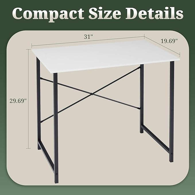 Computer Desk 32 Inch, Simple Home Office Desk Study Writing Table, Sturdy Metal Frame, Scratch-Resistant MDF Desktop for Bedroom Dorm Workspace Small Space, White