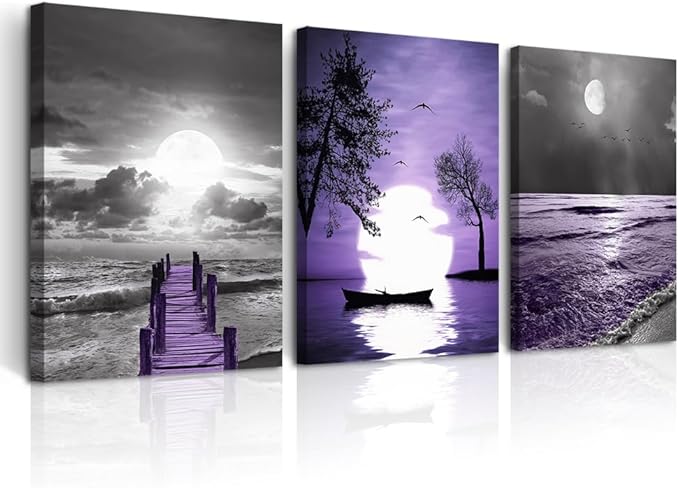 DZRWUBHS Inspirational Canvas Wall Art for Living Room, Bedroom, Office - Black and White Pictures Artwork, Purple Ocean Landscape Painting - Modern Home Decor, 3 Piece