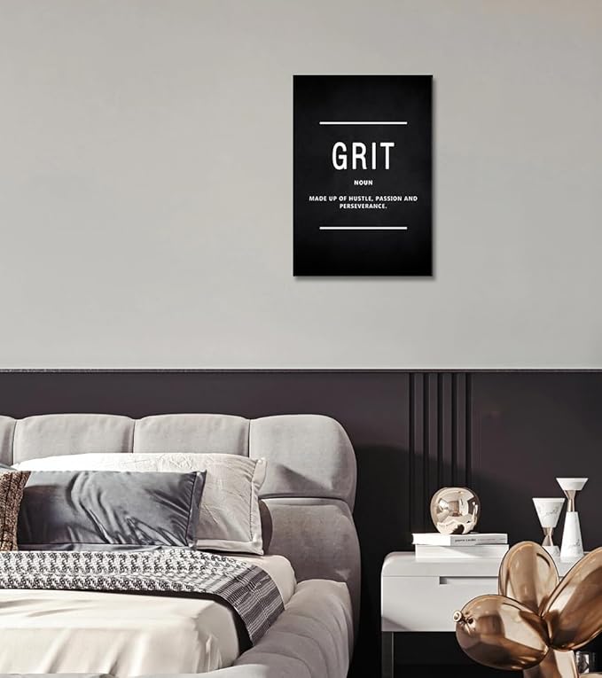 Office Wall Art Inspirational Motivational Posters Prints on Canvas Grit Noun Inspiring Entrepreneur Quotes Pictures Prints Wooden Artwork Home Decor for Living Room Framed Ready to Hang-12”Wx16”H