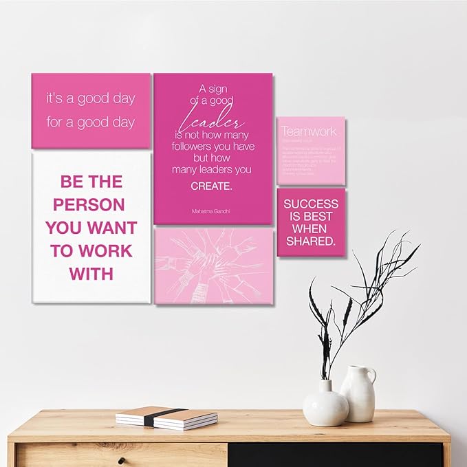 YEOION Inspirational Office Wall Art for Women,Motivational Teamwork Wall Decor for Office,Pink Postive Quote Workplace Canvas Wall Art for Set of 6
