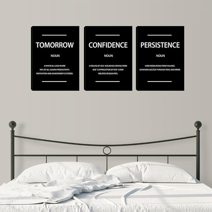 Motivational Black Wall Art Persistence Confidence Tomorrow Noun Inspirational Painting Wall Art 3 Pieces Canvas Print Office Decor Poster Framed Quotes Wall Art Office Decoration - 36" W x 16" H