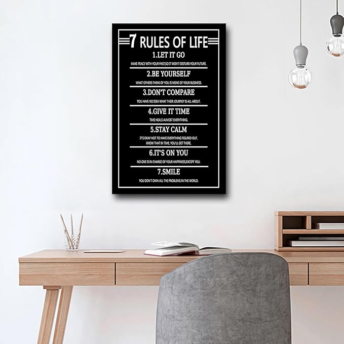 Inspirational Canvas Wall Art Picture Painting 7 Rules of Life Motivational Positive Quotes Poster Print Wall Decor Artwork for Modern Home Bedroom Living Room Gym Stretched and Framed [12''Wx18''H]