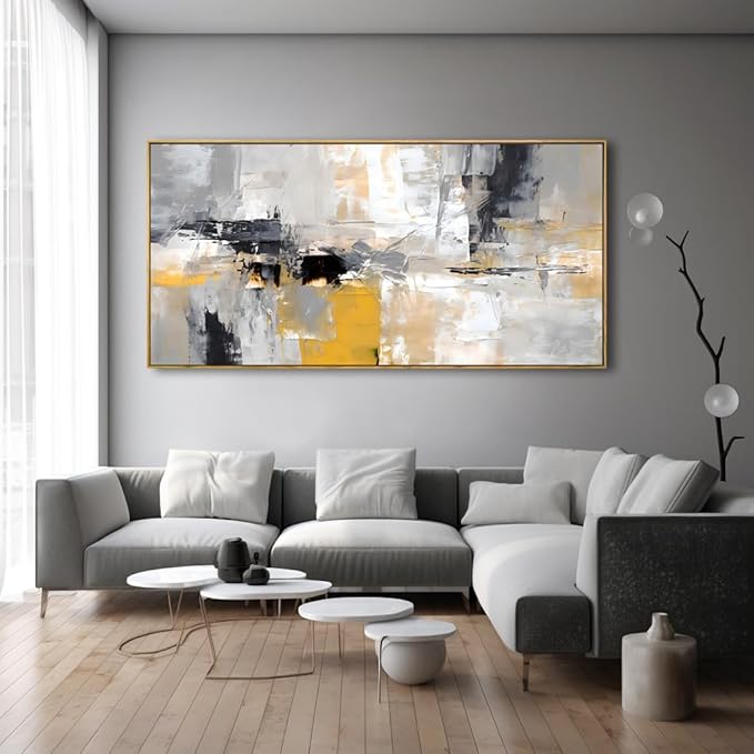 Wall Art Yellow Black White and Grey Modern Artwork for Living Room Bedroom Dining Room Home Office Decor 24"x48" with Framed