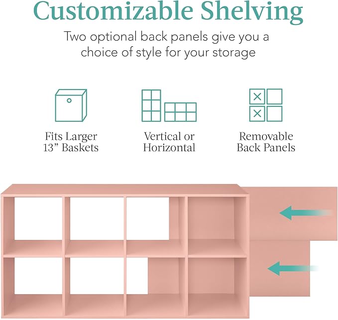 Best Choice Products Kids Bookcase 8-Cube Storage Organizer, 13.5in Shelf Opening, Bookshelf, Toy Storage, Customizable w/ 3 Removable Back Panels – Light Pink