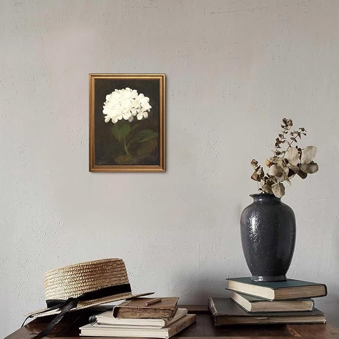 Gold Framed Wall Art Vintage Canvas Wall Art White Hydrangea Flower Floral Artwork Prints Picture for Living Room Bedroom Farmhouse Bathroom Office Decor, 12x16