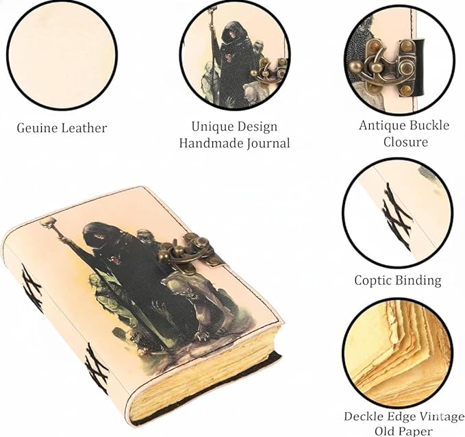 TUZECH Book of Spells Leather Bound Journal Deckle Edge Paper Grimoire Printed Diary Third Eye witchcraft supply and Witch Spell Notebook Antique Vintage Book for Men and Women (Dark Wizard)