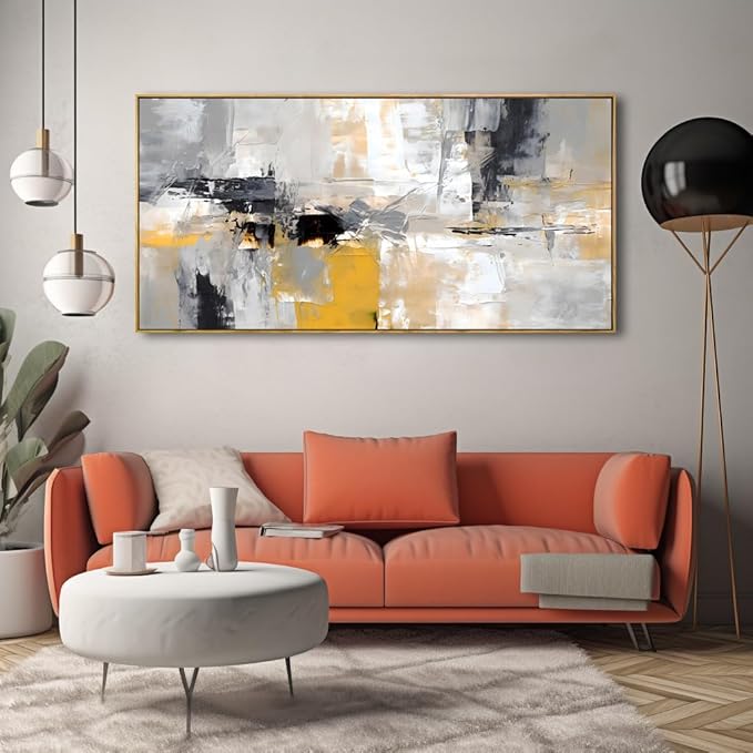 Wall Art Yellow Black White and Grey Modern Artwork for Living Room Bedroom Dining Room Home Office Decor 24"x48" with Framed