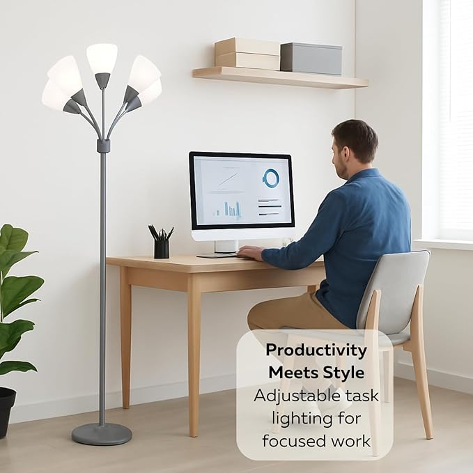 LIGHTACCENTS Medusa 5-Light Floor Lamp – Silver Multi-Head Standing Lamp w/ 5 Adjustable White Acrylic Shades for Bedroom, Living Room, Office