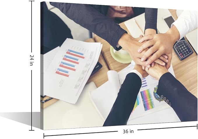 Large Wall Art Hands Stack of Teamwork Holding Hands Together Over Conference Table Canvas Art Wall Decor for Office Framed 1 Panel (24" Wx36 H)