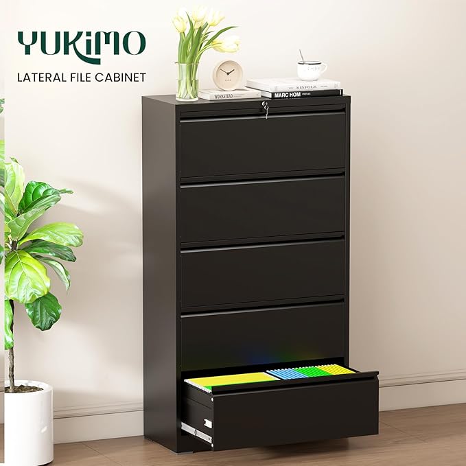 5 Drawer Lateral File Cabinet with Lock, Horizontal Metal File Cabinets for Home Office, Heavy Duty Large Filing Storage Cabinet, Steel Wide File Cabinet for Legal/A4/F4, Require Assembly-Black