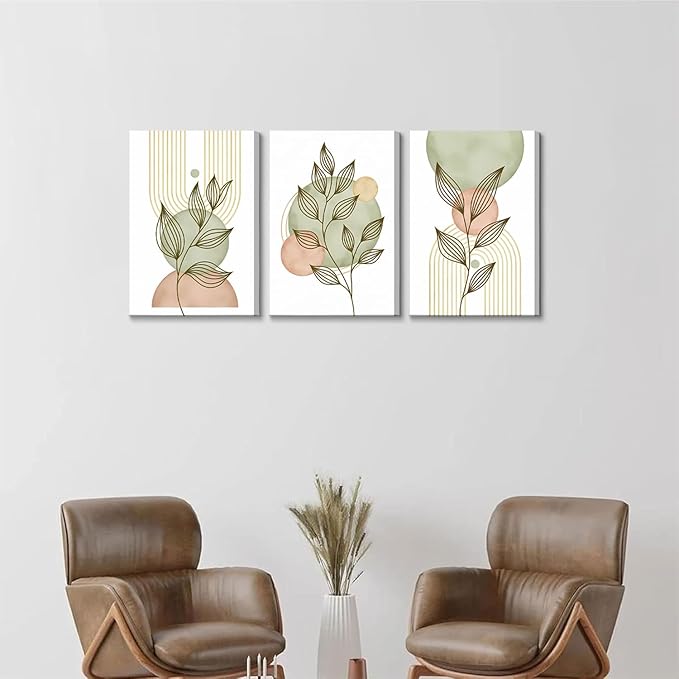 3Pcs Framed Sage Green Boho Canvas Wall Art Modern PinkBotanical Posters Print Abstract With Leafr Pictures Wall Decoration For Living Room Bedroom Bathroom