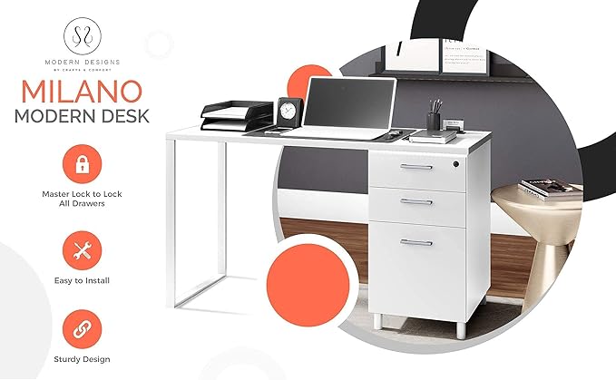 Modern Design Milano Office Desk with 3 Locking Drawers, 48 Inch White Industrial Wood Desk with Filing Drawer and Storage, by Crafts and Comfort