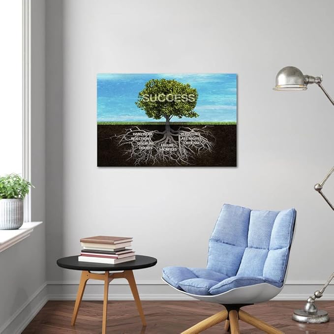 Success Tree Motivational Wall Art Canvas Painting Inspiring Framed Prints Inspirational Entrepreneur Quotes Modern Teamwork Wooden Artwork for Classroom Gym Office Decor Framed-16 inch x 12 inch