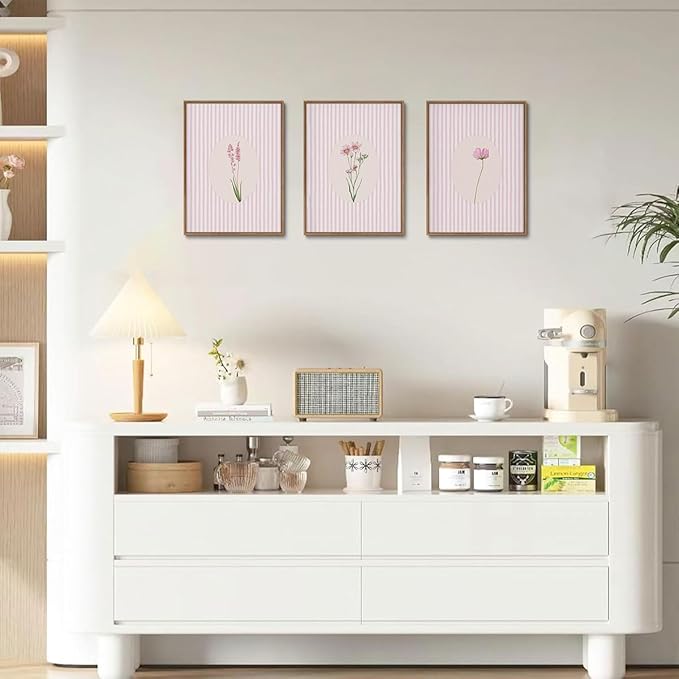 KISSFOX 3 Piece Framed Wall Art Wildflowers Wall Decor Botanical Canvas Art Floral Pictures Stripe Paintings Pink Prints Boho Artwork for Bedroom Living Room