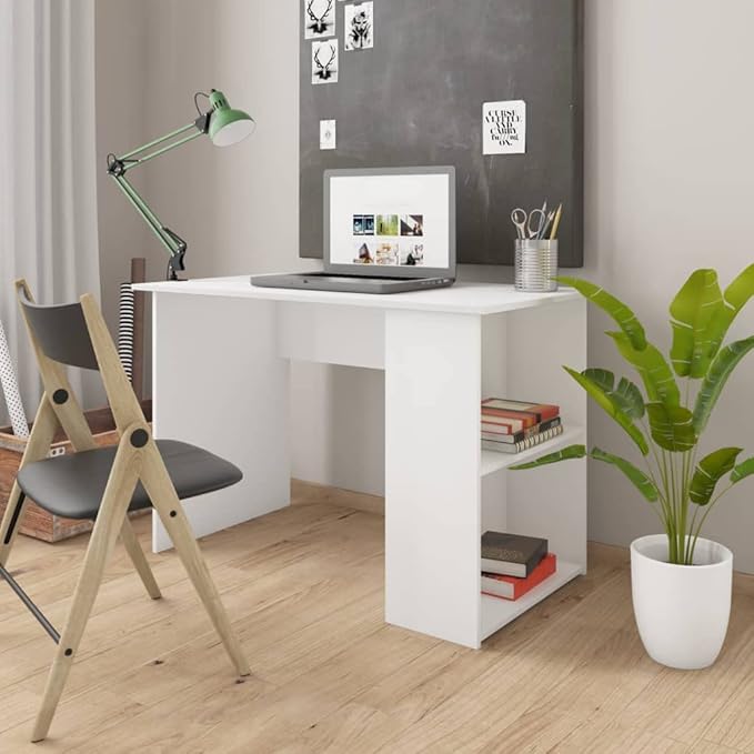 Modern Writing Desk Table with 2 Shelves, Study Computer Desk for Home, White 43.3"x23.6"x28.7" Engineered Wood