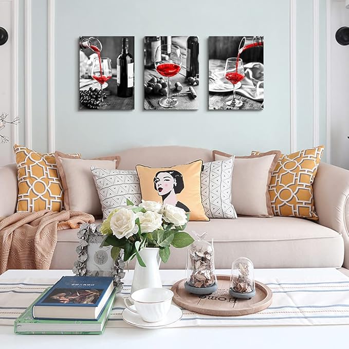 Canvas Wall Art For Kitchen Wall Decor For Dining Room Black And White Wine Glasses Painting Modern Red Wine Canvas Art Prints Ready To Wall Pictures For Restaurant Home Decorations 16"X24" 3 Pieces