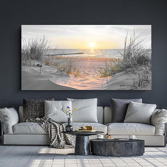 Yxbhhym-Black and White Sunset Beach Wall Art Coastal Room Decor Ocean Picture for Living Room Wall Art Bedroom Seascape Artwork Prints Sea Scene Painting Modern Bathroom Office Decor