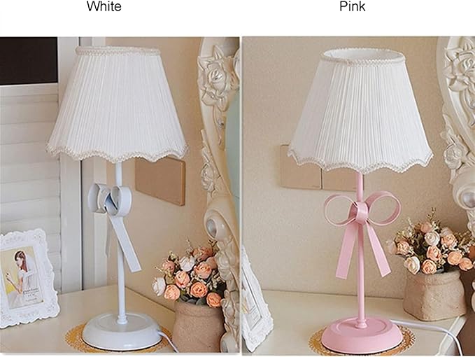 Nordic White Pink Table Lamp for Girl's Bedroom Single Cute Bow Table Lamp with Fabric Shade Modern Decorative Bedside Light Coastal Bedside Table Kids Bedroom Reading Desk Lighting