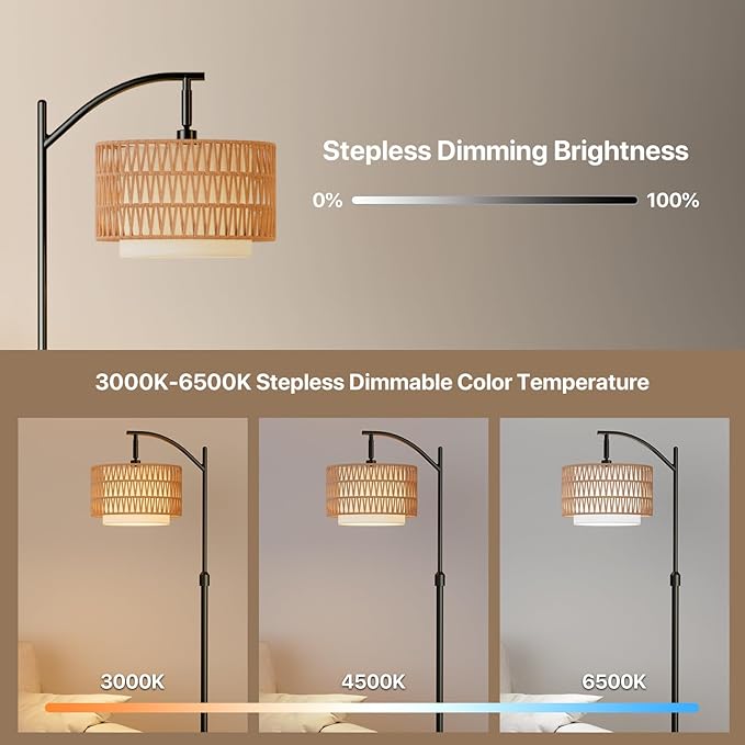 Boho Floor Lamp - Arched Floor Lamps for Living Room, Farmhouse Floor Lamp with 3 Color Temperature Black Standing Lamp with Rattan & Fabric Double Shade Bohemian Rattan Floor Lamps for Bedroom Office