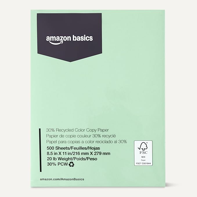 Amazon Basics 30% Recycled Color Copy Paper, 8.5" x 11", 20lb, 500 Sheets, Pastel Green
