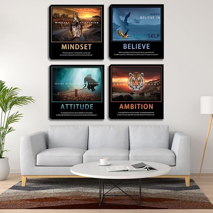Motivational Posters Wall Art Inspirational Canvas Prints Inspiring Quotes Animals Painting Picture Office Motivational Wall Decor Framed 4 Pieces Living Room Bedroom Workplace Decoration 20"x20"x4