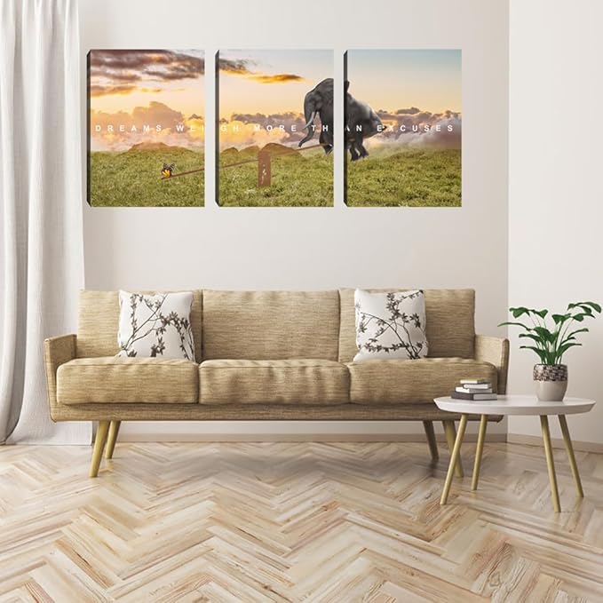 Motivational Canvas Wall Art Inspirational Quotes Poster Modern 3 Pieces Entrepreneur Office Wall Decoration Elephant Painting Decor for Bedroom Stretched and Framed Ready to Hang(48''Wx24''H)