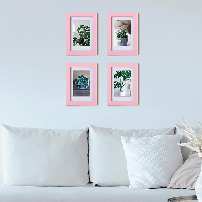 Egofine 4x6 Picture Frames with Plexiglass, Display Pictures 3x4.5 and 3.5x5 with Mat or 4x6 Without Mat Set of 4 for Tabletop and Wall Mounting, Pink