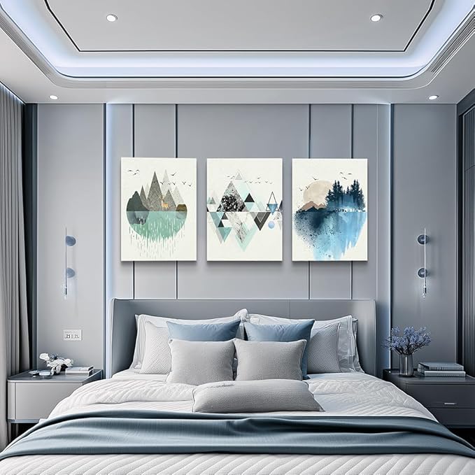 Canvas Wall Art Paintings For Living Room Large Size Abstract Geometry Mountain In Daytime Canvas Prints Artworks Pictures Bedroom Decoration,20 X 28 inches 3pcs Home Bathroom Wall Decor Posters