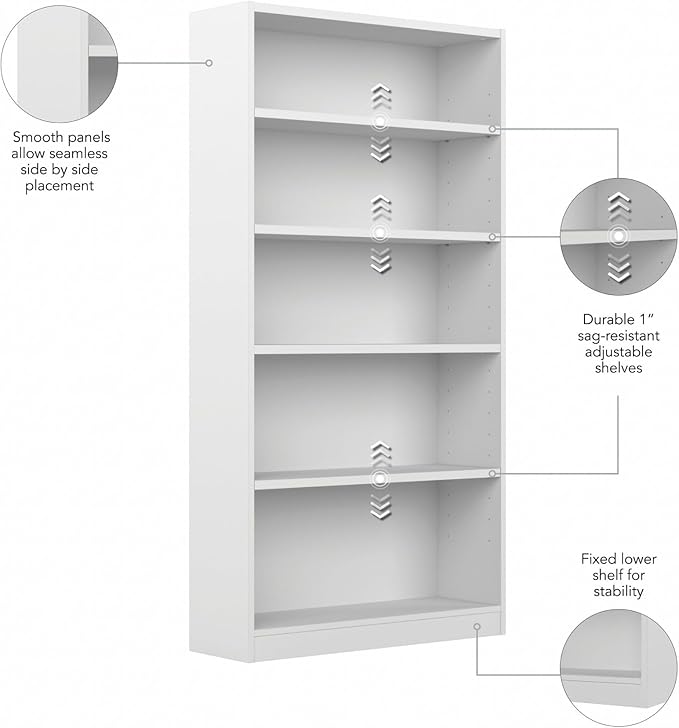 Bush Home Universal Tall 5 Shelf Bookcase in White, Vertical Storage and Display Bookshelf for Home Office or Living Room Organization