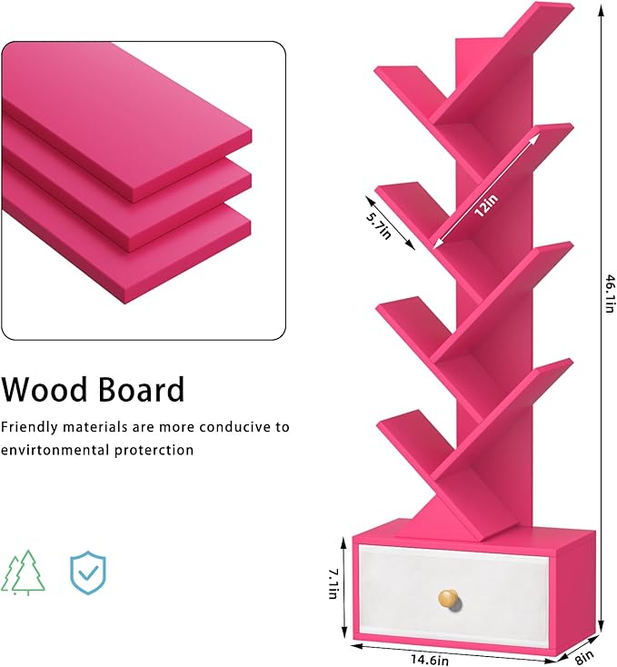 8 Tier Tree Bookshelf with Drawer, Free Standing Wood Bookcase for Narrow Space, Storage Organizer Bookshelves for Books, Book Case for Home Office, Living Room, Bedroom - Pink