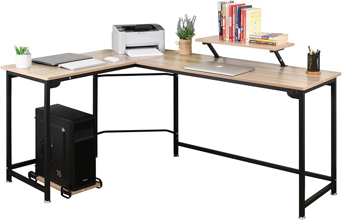 L-Shaped Computer Study Corner Desk with Monitor Stand Shelf CPU Stand, PC Laptop Gaming Desk 66” Workstation for Home Office Writing Table, Wood & Metal, Space-Saving