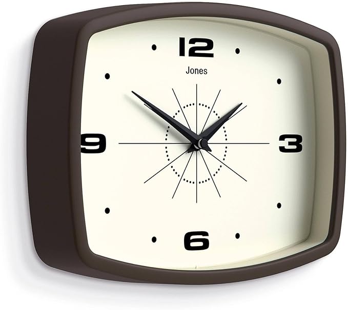 JONES CLOCKS® Movie wall Clock | Retro Rectangular Clock | 10 inch | Mocha Brown | Cool mid-Century Designer Look for Kitchen, Living Room or Office