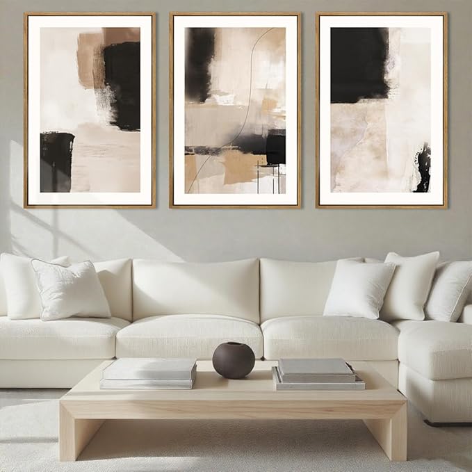 ANHUIB Neutral Abstract Wall Art Beige Modern Wall Decor 16x24 Inch Minimalist Black Paintings Set of 3 for Living Room Bedroom Dining Room