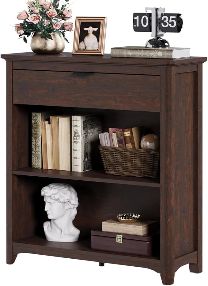 BON AUGURE Bookcase with Drawer, Open Storage Book Cases/Shelves, Floor Standing 3 Shelf Bookshelf for Farmhouse Living Room, Library Office, Bedroom, Kids (Brown Cherry)