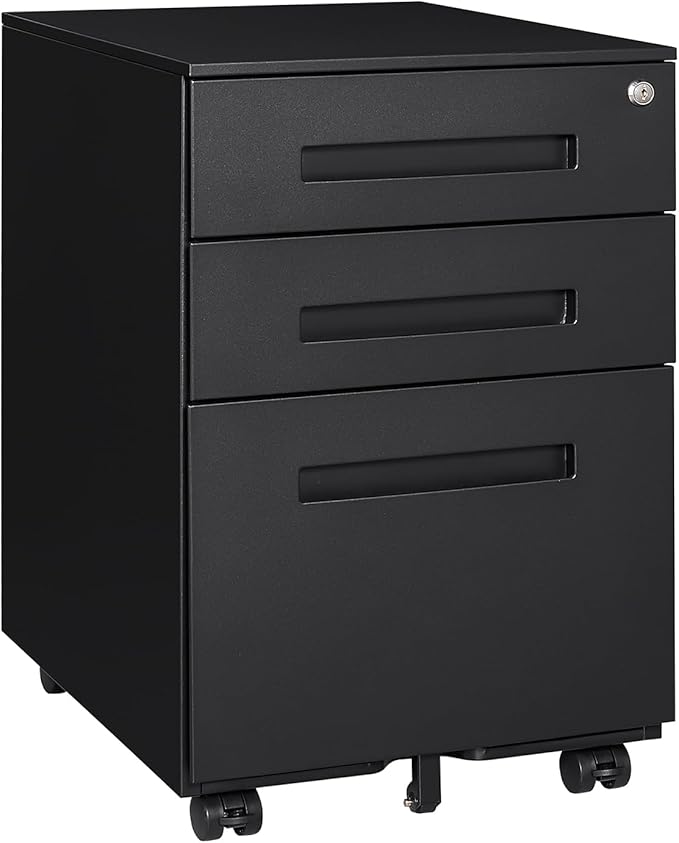 3-Drawer Mobile File Cabinets Rolling Metal Filing Cabinet for Legal & Letter File Anti-tilt Design with Lock Under Desk Office Drawers Fully Assembled Except Casters (Matt Black)