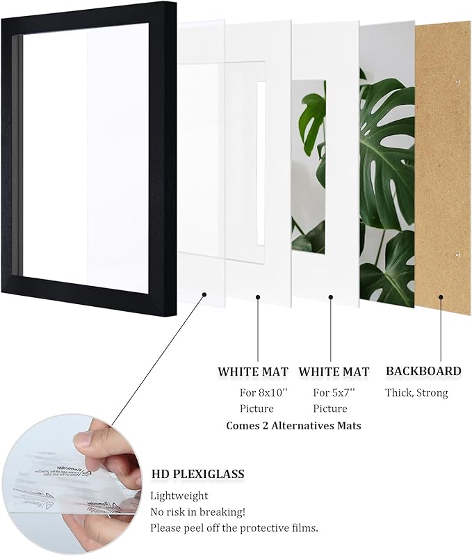 Egofine 11x14 Picture Frames 4PCS Covered by Plexiglass, Made of Solid Wood, Display Pictures 8x10/5x7 with Mat or 11x14 Without Mat for Table Top and Wall Mounting, Black with Texture