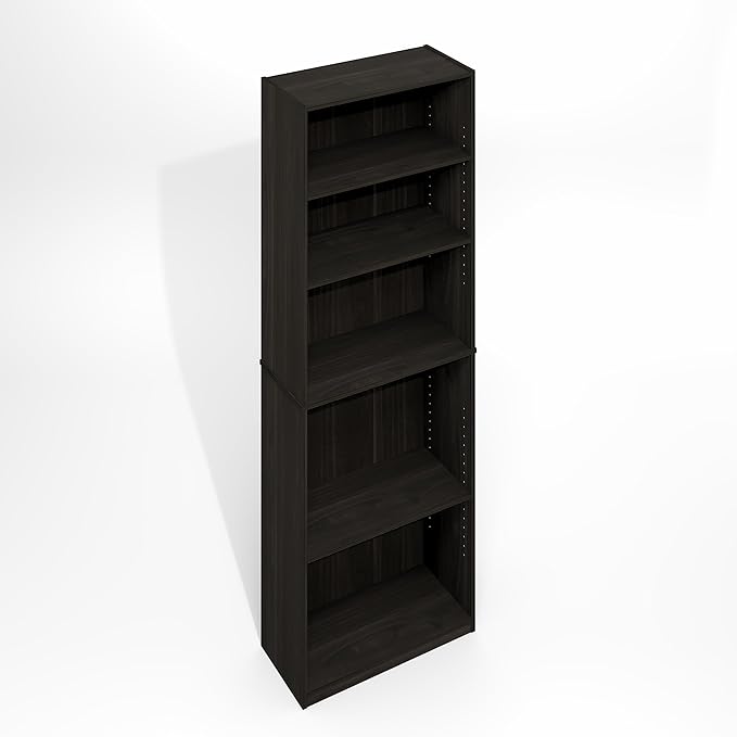Furinno Jaya Simply Book Shelf, 5-Tier Bookshelf, Bookcase with Adjustable Shelves, 9.5 x 24.5 x 71.2, for Living Room, Bedroom, Home Office, Black Espresso