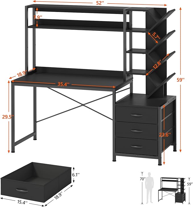 Reversible Computer Desk with Hutch, Home Office Desk with Drawers and Bookshelf, 52'' Study Writing Desk with Storage Shelves for Bedroom Home Office, Black