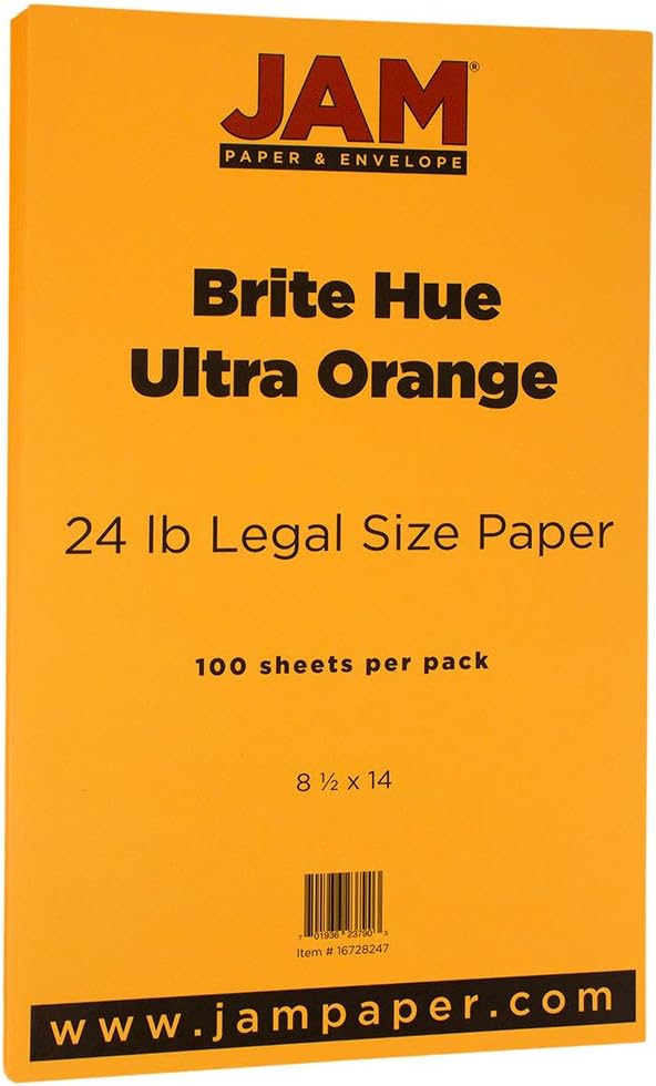 JAM PAPER Legal Colored 24lb Paper - 90 gsm - 8.5 x 14 - Ultra Orange - 100 Sheets/Pack