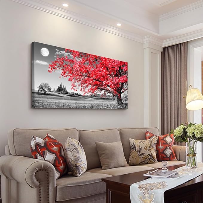 Canvas Wall Art For Living Room Office Wall Decor Bedroom Decor Black And White Landscape Wall Painting Red Tree Wall Pictures Canvas Art Prints Ready To Hang For Room Home Decoration 48 X 24