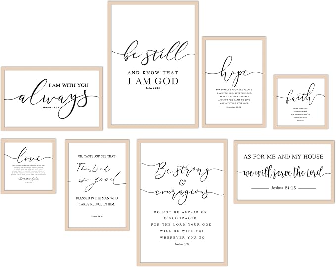 Faccito 8 Set Christian Wall Art Large Wooden Framed Farmhouse Bible Verses Home Decor Neutral Prayer Room Decor Minimalist Christian Scripture Wall Art for Home Office Living Room Bedroom Church