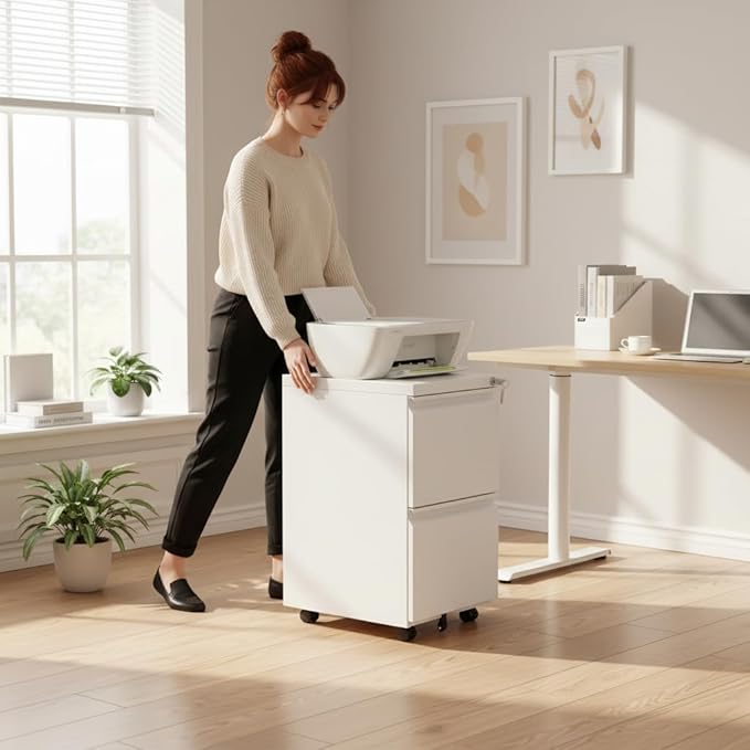 [Fully Assembled] 2 Drawer Lockable Metal File Cabinet on Wheels, Mobile Under Desk Filing Cabinet with Printer Stand, Home Office Storage Cabinet (White, 2 Drawer)