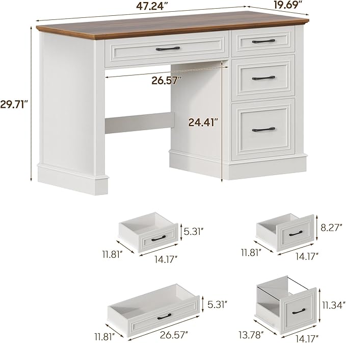 Farmhouse 47" Executive Desk with 4 Drawers, Computer Desk with File Drawer, Workstation for Study, Home Office, Writing, Unique White.