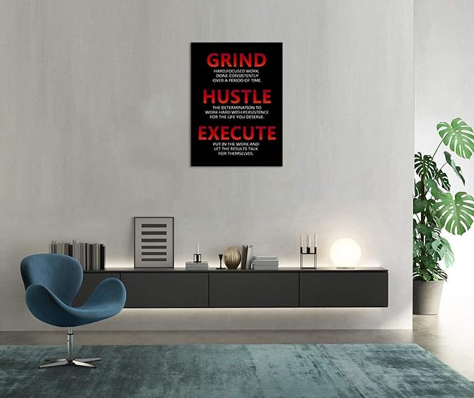 Inspirational Wall Art Office Canvas Poster Prints Grind Hustle Execute Motivational Entrepreneur Positive Affirmation Office Wall Decor Living Room Bedroom Framed Ready to Hang[30″W X 40″H]