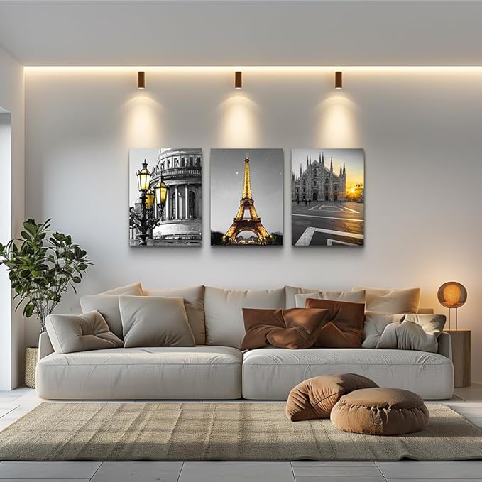 Black and white Architectural landscape Canvas Wall Art for Living Room kitchen Wall Artworks Bedroom Decoration, 3 Piece framed bathroom Home Wall decor posters Yellow Eiffel Tower wall painting