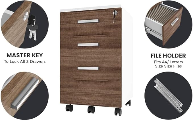 Modern Design Lazio File Cabinet, Filing Cabinets for Home Office, Drawers for Under Desk, Locking 3 Drawer Rolling Filing Cabinet with Lock, Walnut and White, by Crafts and Comfort