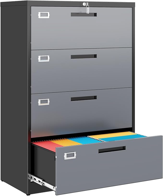 4 Drawer File Cabinet, Locking Lateral Filing Cabinet for Home Office, File Cabinets with Business Card Holder for Letter/Legal/F4/A4 Hanging Files
