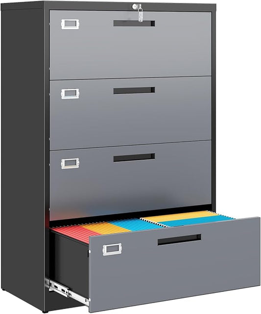 4 Drawer File Cabinet, Locking Lateral Filing Cabinet for Home Office, File Cabinets with Business Card Holder for Letter/Legal/F4/A4 Hanging Files