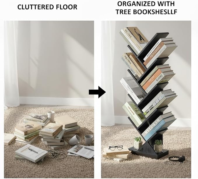 ruboka 9 Tier Tree Bookshelf, 9 Shelf Floor Standing Bookcase Display for CDs/Magazine/Books, Retro Bookshelf for Bedroom, Living Room, Office,Balcony,Book Organizer Storage Shelves