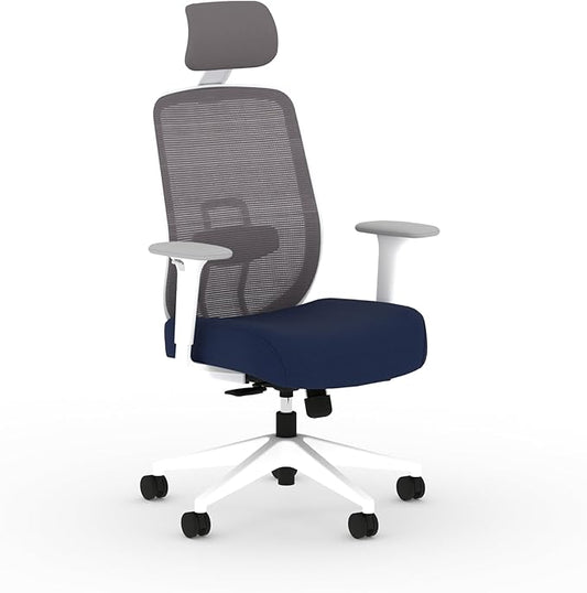 HON Altern Ergonomic Office Chair with Headrest, Arms, Wheels, Foam Cushion Seat, Mid Back Home Office Desk Chair Comfy, Gaming Chair, Height Adjustable Arms, Synchro-Tilt, White Frame, Indigo